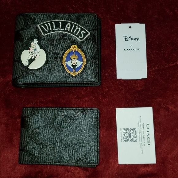 NEW Disney Villains X Coach 3 In 1 Wallet‎ In Signature Black Canvas w Patches - Picture 1 of 8